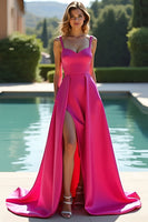 Load image into Gallery viewer, Fuchsia A Line Backless Long Satin Prom Dress with Slit