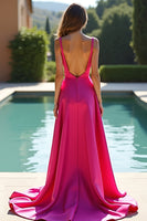 Load image into Gallery viewer, Fuchsia A Line Backless Long Satin Prom Dress with Slit