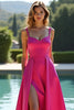 Load image into Gallery viewer, Fuchsia A Line Backless Long Satin Prom Dress with Slit