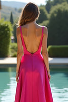 Load image into Gallery viewer, Fuchsia A Line Backless Long Satin Prom Dress with Slit