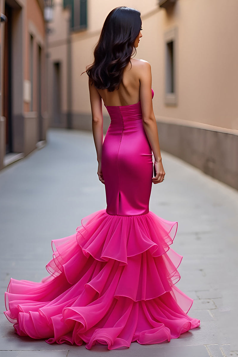 Load image into Gallery viewer, Fuchsia Strapless Mermaid Asymmetrical Long Prom Dress with Ruffles