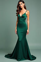 Load image into Gallery viewer, Dark Green Satin Spaghetti Straps Long Prom Dress