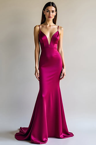 Mermaid Spaghetti Straps Fuchsia Satin Long Prom Dress
