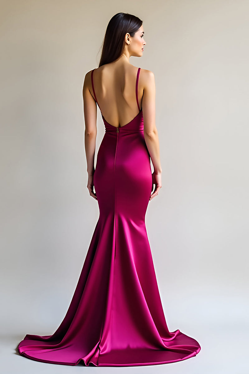 Load image into Gallery viewer, Mermaid Spaghetti Straps Fuchsia Satin Long Prom Dress