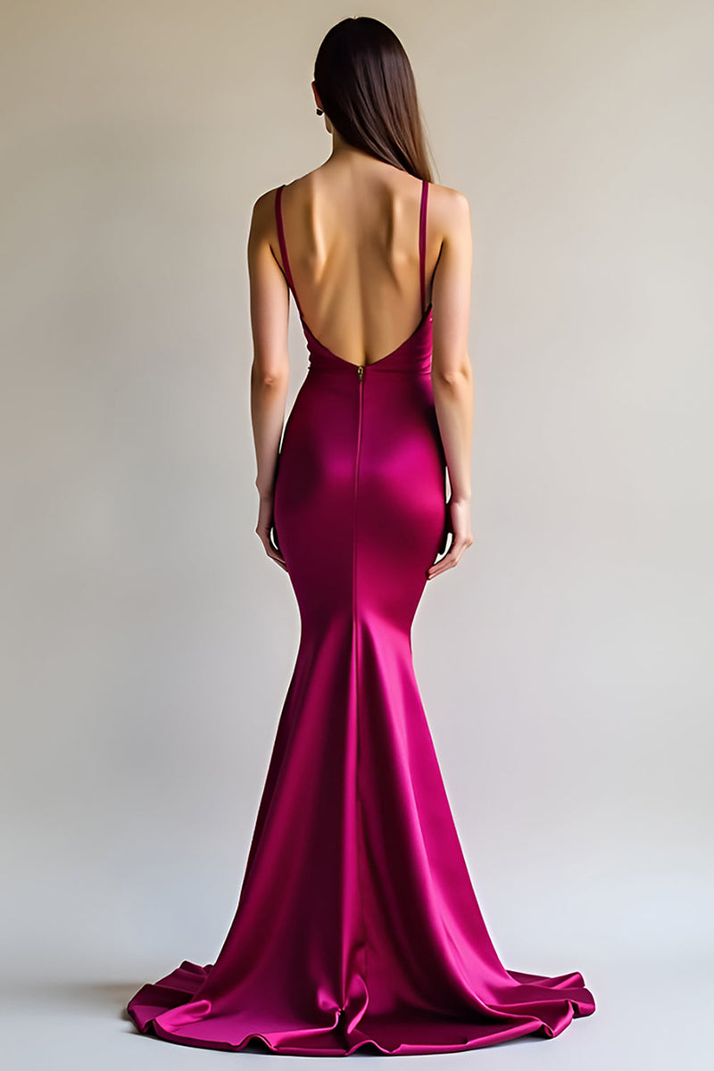 Load image into Gallery viewer, Mermaid Spaghetti Straps Fuchsia Satin Long Prom Dress