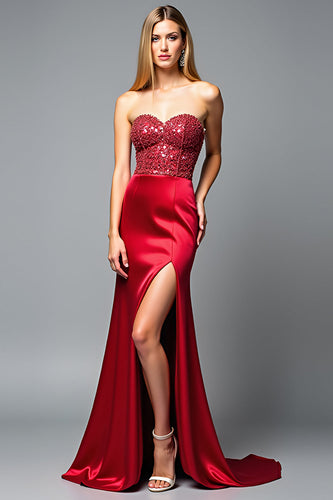 Sparkly Red Sweetheart Corset Mermaid Long Prom Dress with Slit