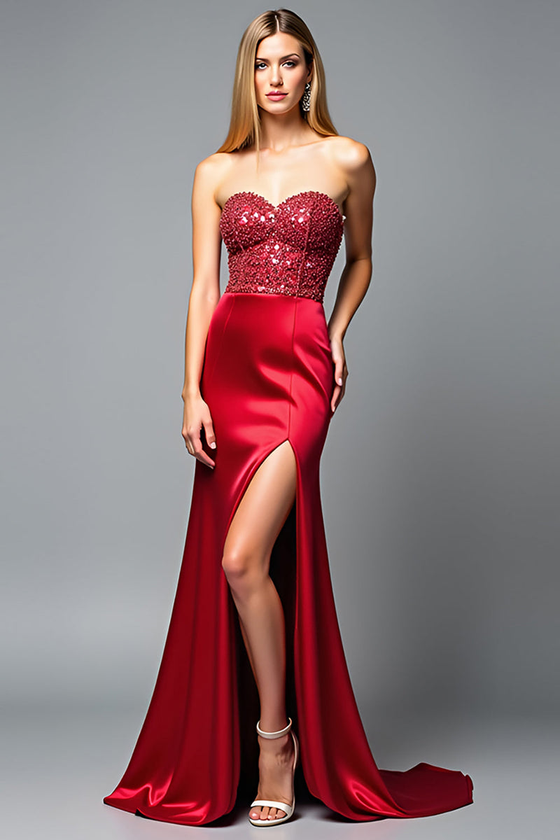 Load image into Gallery viewer, Sparkly Red Sweetheart Corset Mermaid Long Prom Dress with Slit