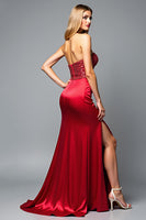 Load image into Gallery viewer, Sparkly Red Sweetheart Corset Mermaid Long Prom Dress with Slit