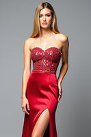 Load image into Gallery viewer, Sparkly Red Sweetheart Corset Mermaid Long Prom Dress with Slit