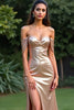 Load image into Gallery viewer, Glitter Champagne Mermaid Off the Shoulder Long Prom Dress with Slit