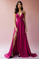 Load image into Gallery viewer, Fuchsia A Line Long Satin Long Prom Dress with Slit