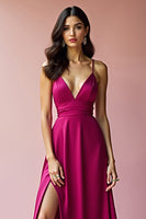 Load image into Gallery viewer, Fuchsia A Line Long Satin Long Prom Dress with Slit