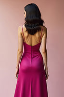 Load image into Gallery viewer, Fuchsia A Line Long Satin Long Prom Dress with Slit