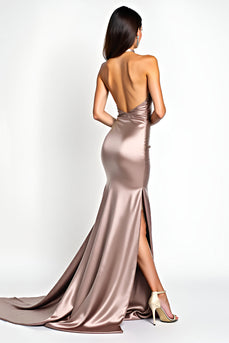 Halter Neck Dusty Rose Long Satin Long Prom Dress with Slit