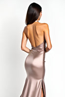 Load image into Gallery viewer, Halter Neck Dusty Rose Long Satin Long Prom Dress with Slit