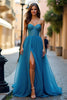 Load image into Gallery viewer, A Line Blue Beaded Strapless Long Prom Dress with Slit