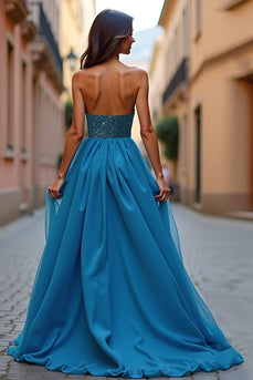 A Line Blue Beaded Strapless Long Prom Dress with Slit