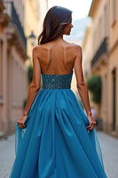Load image into Gallery viewer, A Line Blue Beaded Strapless Long Prom Dress with Slit