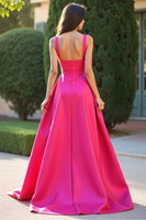 Load image into Gallery viewer, Fuchsia Square Neck A Line Ruched Long Prom Dress with Slit
