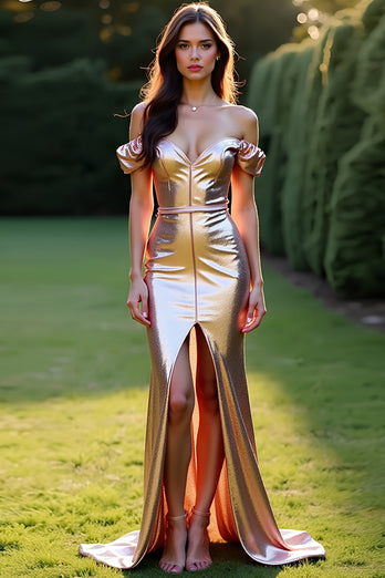 Rose Golden Off the Shoulder Mermaid Long Prom Dress with Slit