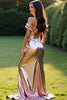 Load image into Gallery viewer, Rose Golden Off the Shoulder Mermaid Long Prom Dress with Slit