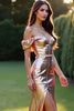 Load image into Gallery viewer, Rose Golden Off the Shoulder Mermaid Long Prom Dress with Slit