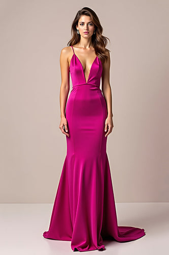 Fuchsia Sheath Spaghetti Straps Long Prom Dress