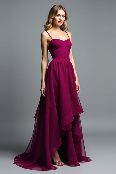 Dark Purple A Line Long Chiffon Wedding Guest Dress with Ruffles