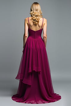 Dark Purple A Line Long Chiffon Wedding Guest Dress with Ruffles
