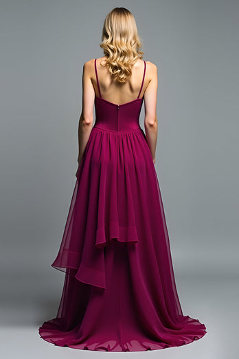 Dark Purple A Line Long Chiffon Wedding Guest Dress with Ruffles