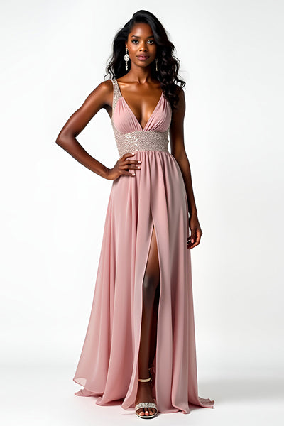 Blush A Line Long Chiffon Beaded Wedding Guest Dress with Slit