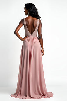Blush A Line Long Chiffon Beaded Wedding Guest Dress with Slit