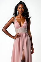 Load image into Gallery viewer, Blush A Line Long Chiffon Beaded Wedding Guest Dress with Slit