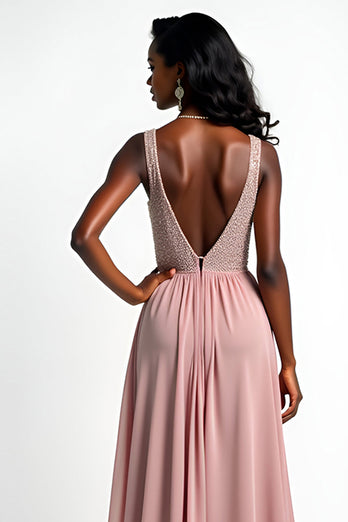 Blush A Line Long Chiffon Beaded Wedding Guest Dress with Slit