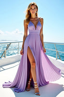 Load image into Gallery viewer, Pleated Flowy V-Neck Lilac Chiffon Long Bridesmaid Dress with Slit
