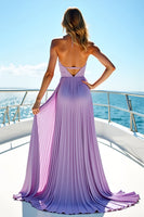 Load image into Gallery viewer, Pleated Flowy V-Neck Lilac Chiffon Long Bridesmaid Dress with Slit