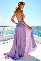 Load image into Gallery viewer, Pleated Flowy V-Neck Lilac Chiffon Long Bridesmaid Dress with Slit