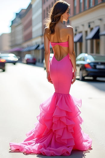 Strapless Mermaid Fuchsia Mermaid Long Prom Dress with Ruffles