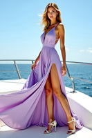 Load image into Gallery viewer, Pleated A Line Flowy Lilac Chiffon Long Bridesmaid Dress with Slit