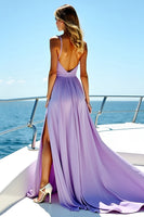 Load image into Gallery viewer, Pleated A Line Flowy Lilac Chiffon Long Bridesmaid Dress with Slit
