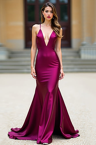 Dark Purple Satin Spaghetti Straps Long Prom Dress