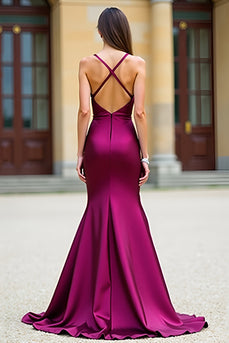 Dark Purple Satin Spaghetti Straps Long Prom Dress
