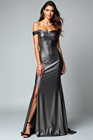Load image into Gallery viewer, Metallic Dark Grey Off the Shoulder Long Mermaid Formal Dress with Slit