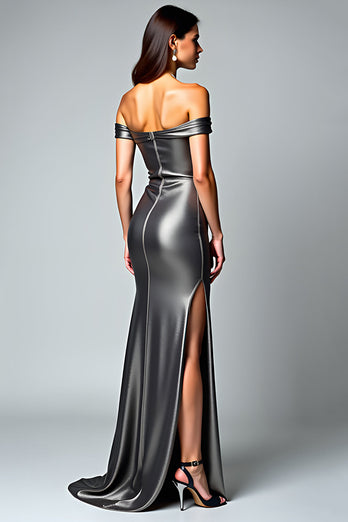 Metallic Dark Grey Off the Shoulder Long Mermaid Formal Dress with Slit
