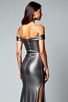 Load image into Gallery viewer, Metallic Dark Grey Off the Shoulder Long Mermaid Formal Dress with Slit