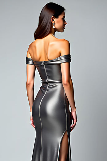 Metallic Dark Grey Off the Shoulder Long Mermaid Formal Dress with Slit