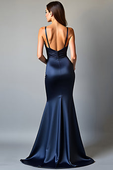 Navy Mermaid Deep V-Neck Long Prom Dress with Slit