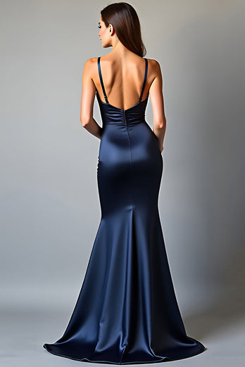 Navy Mermaid Deep V-Neck Long Prom Dress with Slit