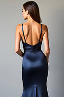 Load image into Gallery viewer, Navy Mermaid Deep V-Neck Long Prom Dress with Slit