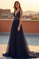 Load image into Gallery viewer, Navy A Line Backless Long Tulle Formal Dress with Beading